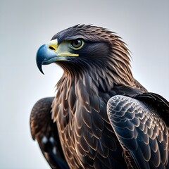 Obraz premium A large eagle with a yellow beak is perched on a white background. Concept of strength and power, as the eagle is a symbol of freedom and independence. 