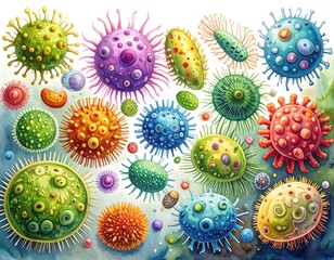 Colorful virus-like particles drift through blue.!