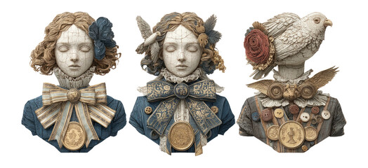Vintage Art Portraits with Intricate Details and Unique Accessories on Transparent Background