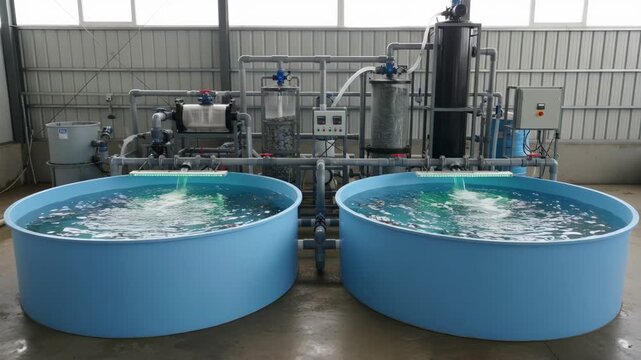Medium shot highlighting a coupled recirculating aquaculture setup with integrated tanks and shared water flow for efficient resource use in sustainable fish production.