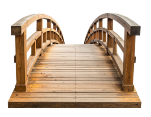 Wooden arched bridge with a path for crossing, set against a solid black background