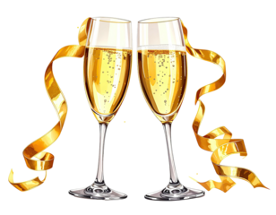 Two elegant champagne flutes clinking, with bubbly liquid and gold streamers