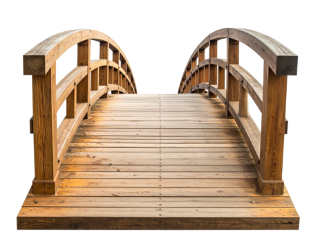 Wooden arched bridge with a path for crossing, set against a solid black background