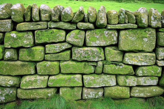 Close-up of a dry-stone wall, covered in moss, on a grassy field