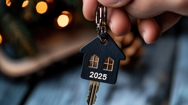 House key on a chain symbolizing home ownership, real estate investment, buying a new property, and future housing dreams during winter season