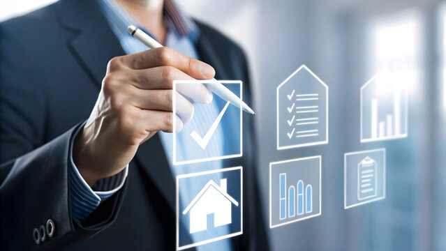 Businessman using digital interface to manage real estate investment, selecting property, checking checklist, and analyzing financial data