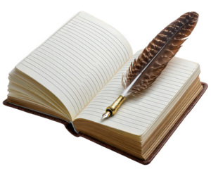 Vintage open notebook with brown feather quill pen resting on an old paper page. classic journal evoking sense of nostalgic writing, history, and wisdom