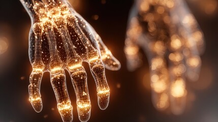 Futuristic wireframe hand with glowing golden connections