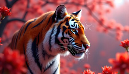 Futuristic Cybernetic White Tiger Peacefully Blending In Crimson Flowers