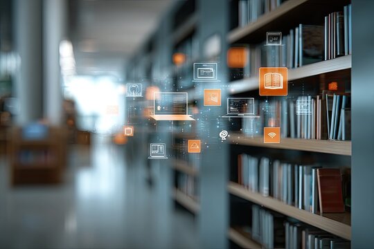 Blurred library with a digital overlay of floating computers, documents, and glowing icons