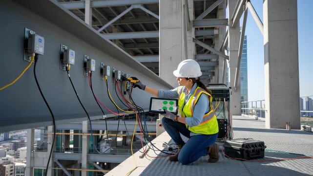 Engineer calibrates accelerometers mounted on a building frame capturing dynamic movements and structural responses during seismic monitoring.