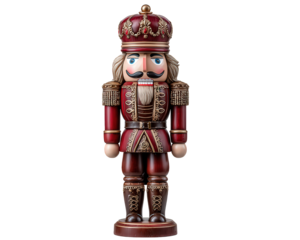 Classic red Christmas nutcracker soldier toy figurine. This traditional decoration with stern expression stands isolated. festive wooden guard for holiday season