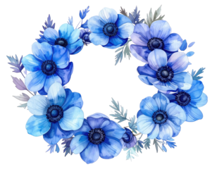 Watercolor wreath of vibrant blue anemone flowers and foliage