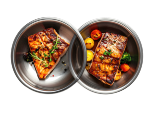 Two close-up metal bowls, each holding grilled fish and side vegetables