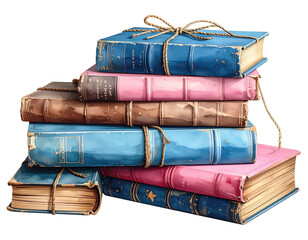 Watercolor illustration of a stacked pile of vintage, colorful hardcover books