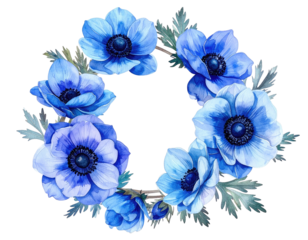 Watercolor wreath of blue anemone flowers with green and grey foliage