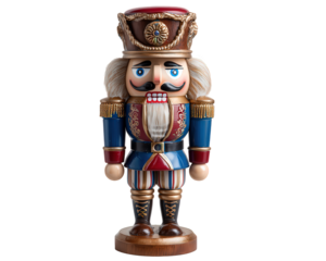 Classic wooden nutcracker figurine with stern expression. traditional soldier toy and festive Christmas decor item. Standing proud against clean background