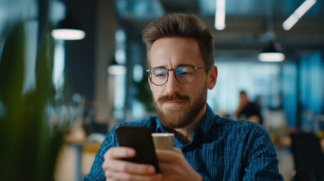 Man drinking coffee while using smartphone in cafe.