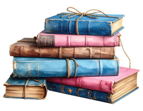 Watercolor illustration of a stacked pile of vintage, colorful hardcover books