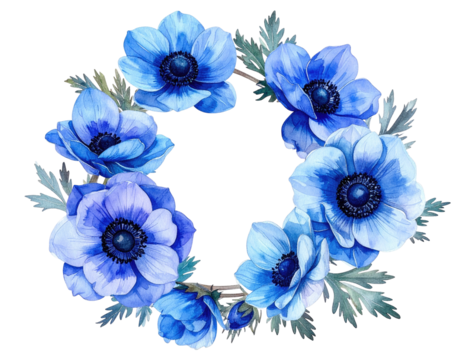 Watercolor wreath of blue anemone flowers with green and grey foliage