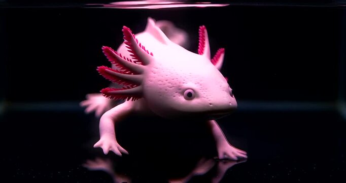 Close-up of a pink axolotl swimming gracefully in a clear aquarium