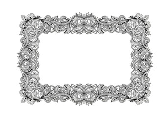 Ornate black and white filigree frame with floral motifs.