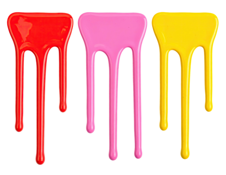 Three colorful paint drips cascading down, red, pink, and yellow