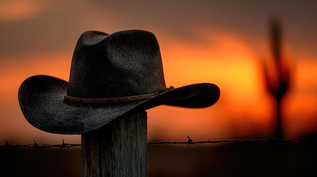 Black cowboy hat on post with dramatic sunset