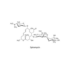 Spiramycin molecular structure, macrolide antibiotic for toxoplasmosis and bacterial infections, clean scientific vector diagram, flat skeletal chemical formula isolated on white background