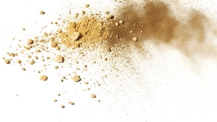 Golden Ochre Dust Burst Scatter &ndash; Warm Amber Sand Powder Explosion with Flying Coarse & Fine Particles, Dynamic Radiating Debris Cloud & Sunlit Haze Overlay PNG Isolated on Transparent Background