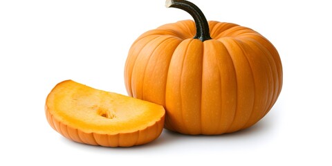Obraz premium Fresh orange pumpkin with slice isolated on a white background, autumn harvest