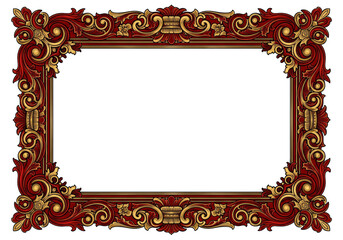 Ornate red and gold baroque frame, decorative flourish, vintage border design.