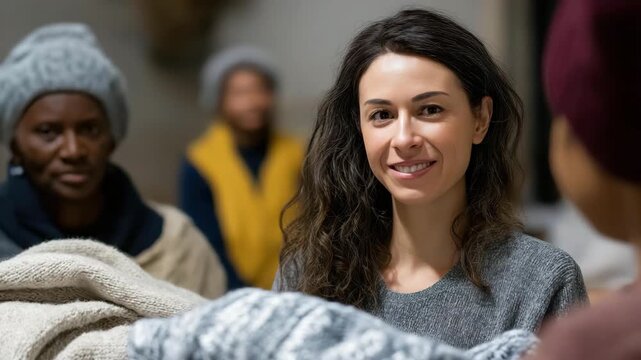 A warm scene showing a smiling woman engaging with people, fostering a sense of community by distributing blankets and promoting kindness among diverse individuals.