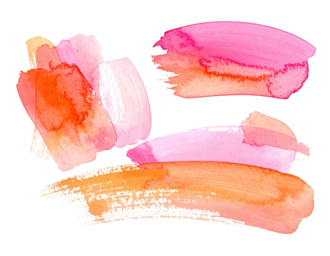 Isolated watercolor brushstrokes, vibrant pinks, oranges, and peach on a black background