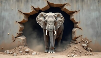 Majestic Elephant Forcefully Smashing Into Abandoned Brick Structure