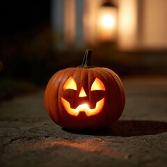 Jack-o'-lantern glowing warmly on a stone pathway, surrounded by soft shadows, creating a festive atmosphere for Halloween celebrations and autumn festivities