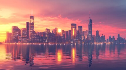 Naklejka premium A breathtaking view of a modern city skyline at sunset, showcasing tall skyscrapers