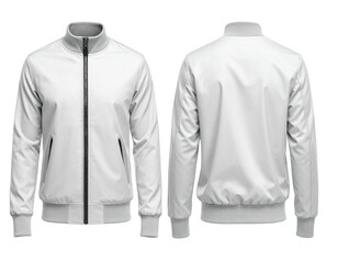 Front and back views of a plain white bomber jacket with zip closure