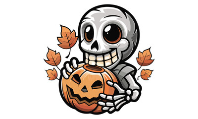 Cute Skeleton with Pumpkin and Autumn Leaves – Fun Halloween Illustration
