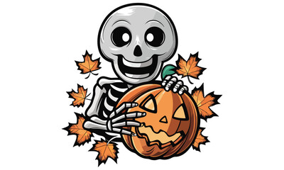 Cute Skeleton with Pumpkin and Autumn Leaves – Fun Halloween Illustration