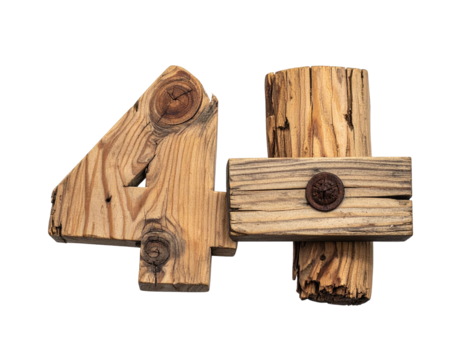 Wooden sculpture of number 4 and a vertical post, on a black background
