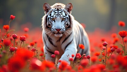 Cybernetic White Tiger Guardian Watching Over Red Flower Valley