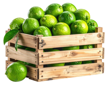 Wooden crate overflowing with green citrus fruit, single fruit in front