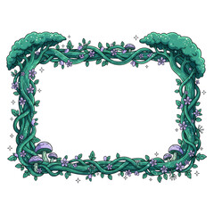 Enchanted forest border with whimsical trees, vines, flowers, and mushrooms.