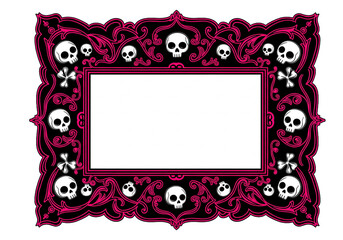 Ornate black and pink frame with skulls and crossbones, designed for gothic or Halloween themes.