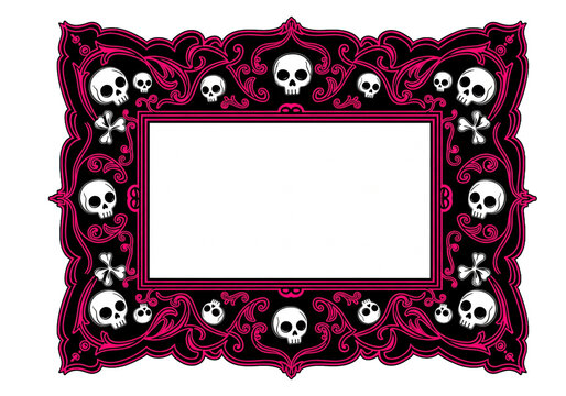 Ornate black and pink frame with skulls and crossbones, designed for gothic or Halloween themes.