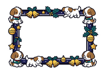 Fototapeta premium Cute Christmas dog frame with bells and holly