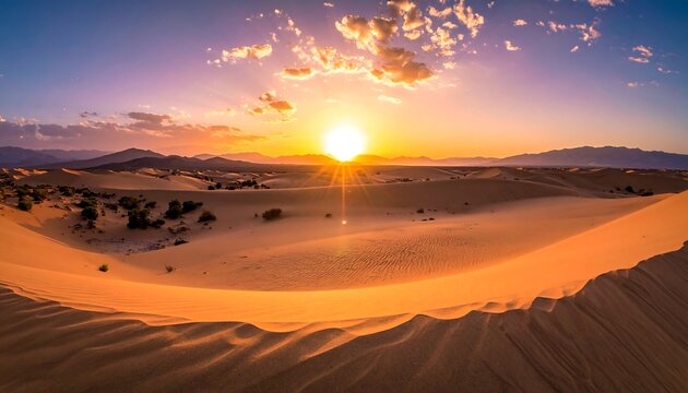 Vast desert landscape bathed in warm sunlight as the sun sets, creating a vibrant sky over rolling sand dunes. Distant mountains complete the view