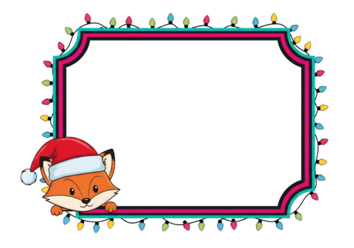 Cute Fox Wearing Santa Hat Peeking Around a Christmas Lights Border
