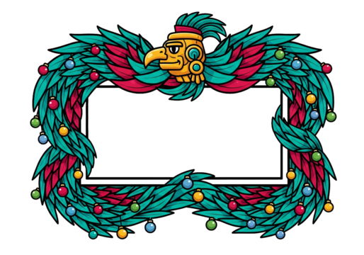 Quetzal Head Wreath with Festive Ornaments, Mayan/Aztec Inspired Frame